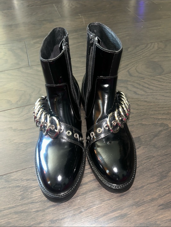 Jeffrey Campbell Shoes - Jeffrey Campbell Black Patent Ankle Boots with Silver Chain Accent